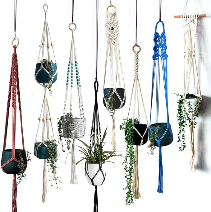 8-Pack Bohemian Macrame Plant Hanger kit, Boho Indoor Window Pot Hanger with Wooden Beads, Hanging Flower Pot Holder with Wooden Ring,Creative Handmade Boho Chic Plant Holder Length 39″