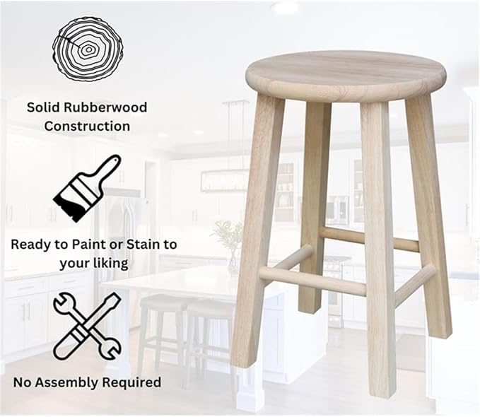 International Concepts Round Top Stool, 18-Inch Seat Height, Solid Parawood, Unfinished