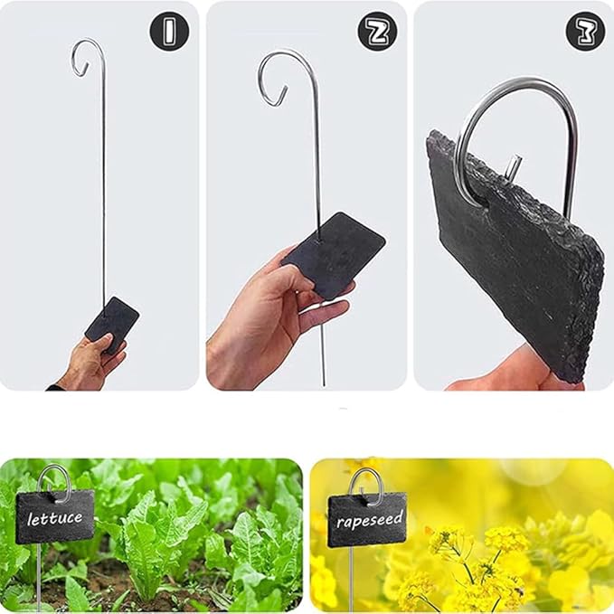 Slate Plant Labels Garden Markers Signs Labels with Stainless Steel Stake & Marker Pen Waterproof Slate Plant Labels for Flowers, Herbs, Potted Plants, Seed (Round, 5PCS)