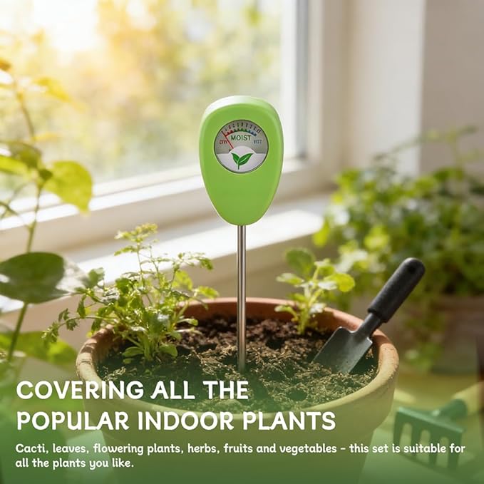 Soil Moisture Meter with Bonus 25 pH Test Strips, 6.5 Inch Probe Plant Water Gauge, Indoor Outdoor Garden, No Battery Required