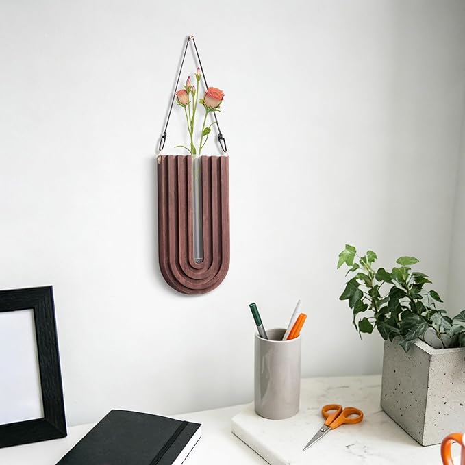 6Pcs Wall Mounted Plant Propagation Stations, Wood Wall Hanging Planters with Test Tube Socket, Modern Geometric Hydroponic Vase for Indoor Plants, Boho Decor for Room Office Entryway