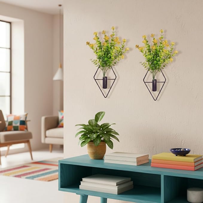 2 Pack Wall Hanging Planters with Artificial Plants, Sturdy Geometric Metal Wall Decor, Adjustable Greenery for Home Decor, Indoor Plants, Bedroom Living Room Bathroom, Art Decor