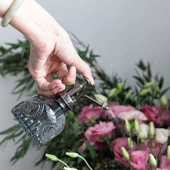 Plant Mister Glass Spray Bottle Small Plant Watering Can 6.4" Tall Retro Indoor Watering Can Bronze Plastic Top Pump for Garden Indoor Plant Sprayer (Grey)