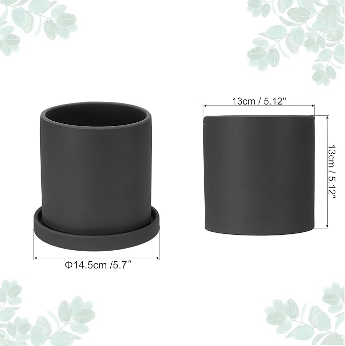 PATIKIL 5 Inch Ceramic Plant Pots, Modern Flower Planters with Drainage Holes and Tray for Decorate Home Indoor Plants Succulent Herb, Black