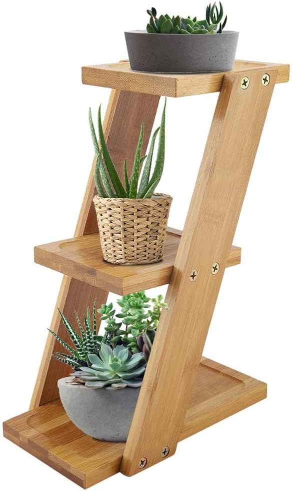 EBTOOLS Small Plant Stand, 3 Tiers Bamboo Desktop Plant Stand , 9.8x7.1x3.6 inch Indoor Outdoor Corner Small Multi Tiered Mini Plant Shelves for Multiple Plants