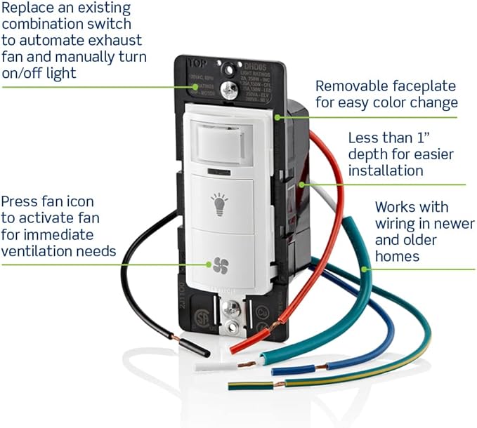 Leviton Dual Combination Humidity Sensor with Separate Light Switch, Automate Bathroom Exhaust Fan, Air Circulation, Moisture Control, Single Pole/Single Pole, ¼ HP, DHD05-1LW, White