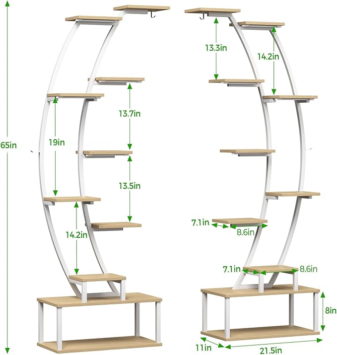 Plant Stand Shelf Indoor with 8 Grow Light, 10 Tiered 65" Tall White Large Half Moon Lighted Plant Rack Holder, 2 Pack Big High Circular Arch Multi Herb Stand with Built in LED Grow Light Set