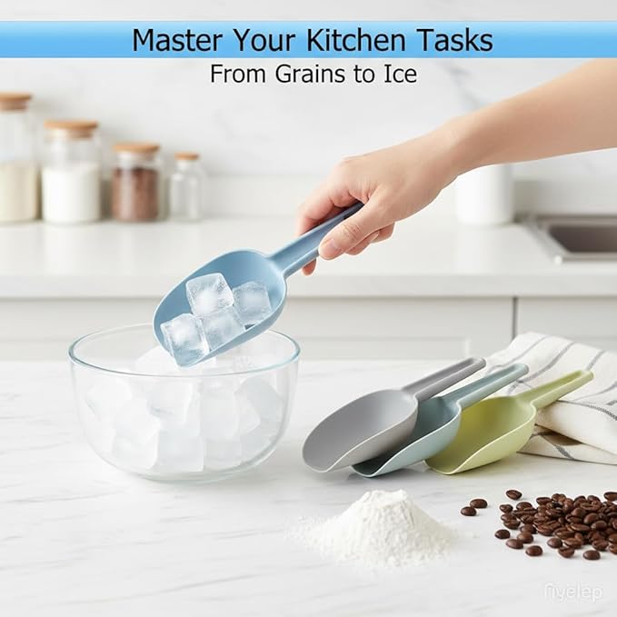 Ice Cube Scoop Plastic Set of 5, Plastic Measuring Scoops for Dry Goods, Ice Cubes & Coffee Beans, Measure Scoops for Canisters, Plastic Scoops for Dog Food BPA-Free, Stackable for Easy Storage