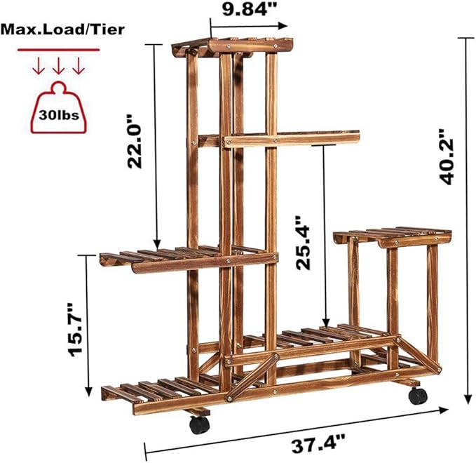 unho Plant Stand with Wheels: 6 Tiered Wooden Shelf Rolling Storage Rack Holder for Patio Garden Livingroom Balcony Yard Indoor Outdoor Display Potted Flowers Succulents Herbs