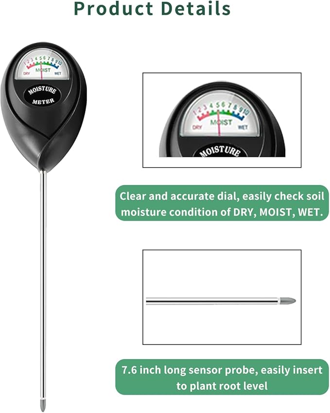 Censinda Soil Moisture Meter, Soil Moisture Monitor for House Plants, Soil Hygrometer Moisture Sensor for Indoor & Outdoor, Garden, Farm, Lawn Plant Care, No Battery Needed(Black)