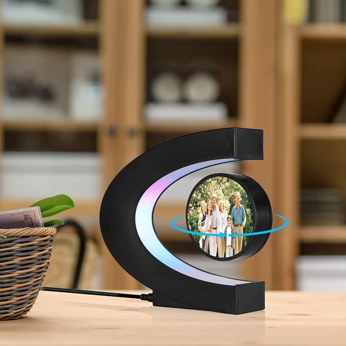 Magnetic Levitating Floating Photo Frame with Colourful LED Light Rotating Levitation Picture Frame Display for Room Decor, Creative Gifts (C-Shaped)