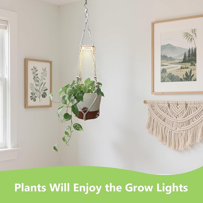 Hanging Planters for Indoor Plants: 2 Pack Macrame Plant Hangers with Grow Lights and Self-Watering Pots, Large Hanging Pots with Drainage Holes & Removable Tray（10in White Pot, GrowPro Spectrum）