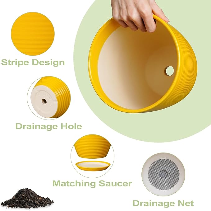 Ceramic Pots for Plants - 6 Inch Plant Pot for Indoor Plants, Ceramic Planter with Drainage Hole and Saucer, Round Decorative Flower Pots, Desk Home Decor, Plant Lover Gifts, Glossy-Yellow