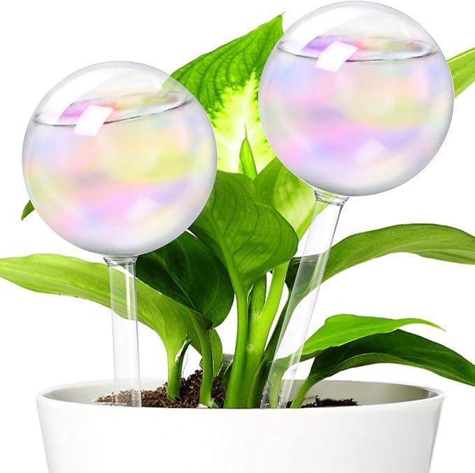 Bvrbaory 2 Pcs Iridescent Self Watering Globes,Rainbow Plant Watering Insert,Automatic Plant Waterer Glass Bulbs,Clear Glass Plant Water Globes for Indoor and Outdoor