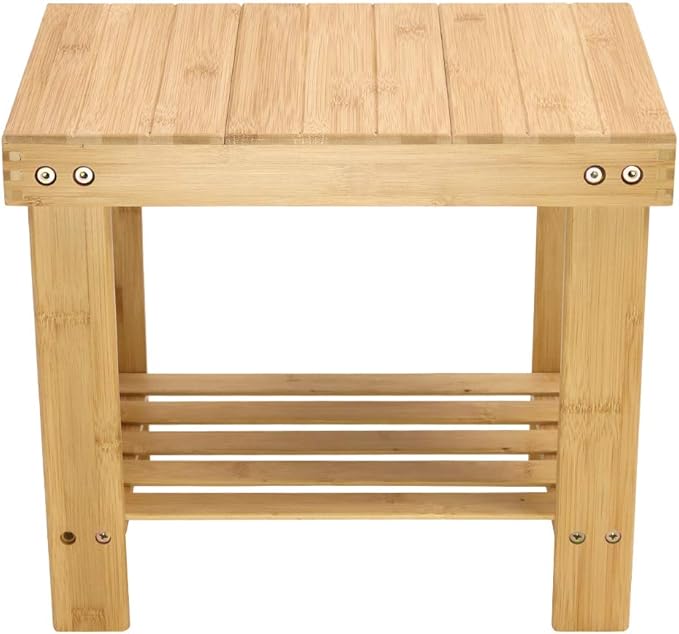 KKTONER Bamboo Step Stool with Storage Shower Bench with Shelf Foot Stool for Bathroom Living Room Bedroom Natural Color