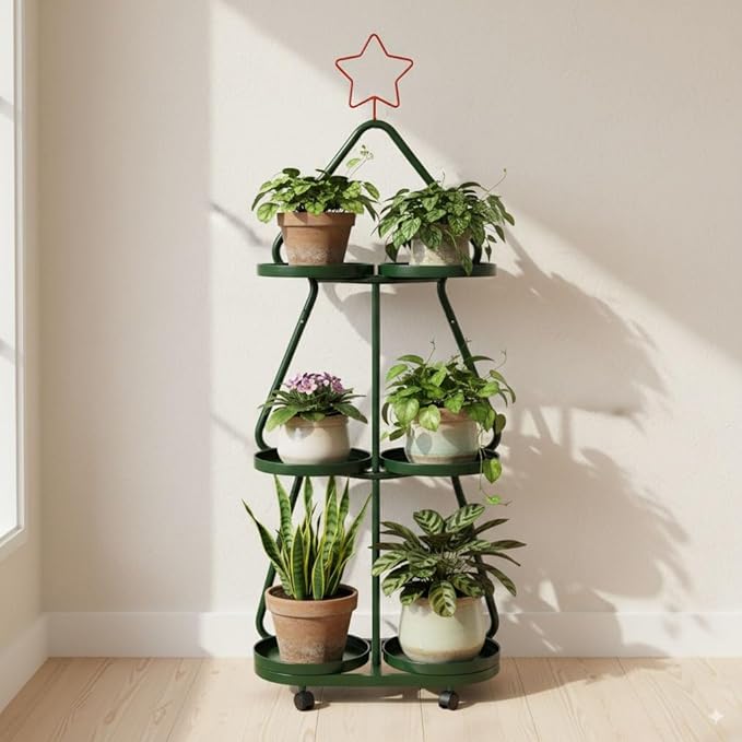 Retro 3-Tier Wrought Iron Plant Stand with Wheels, Multi-Layer Metal Plant Shelf for Indoor Plants, Balcony, Living Room or Holiday Home Decoration