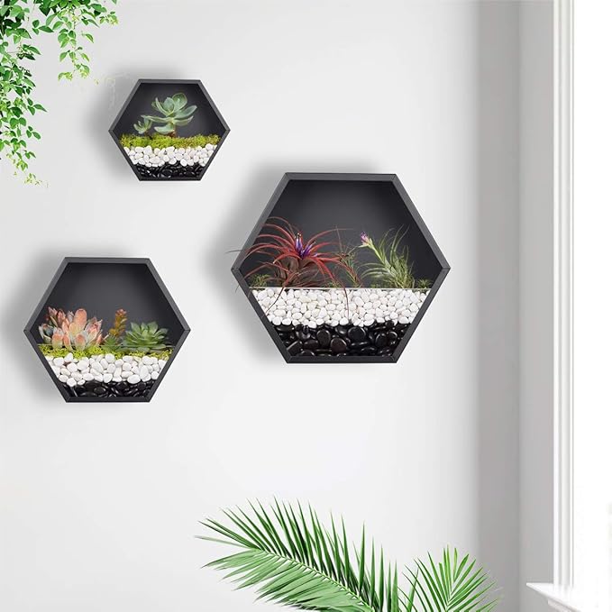 Hanging Hexagon Planter Wall-Mounted Flower Pot Hanging Basket Metal Vase Air Plant Holder Vintage Flower Pot Geometric Planter Succulent Cactus Container (S,Black)
