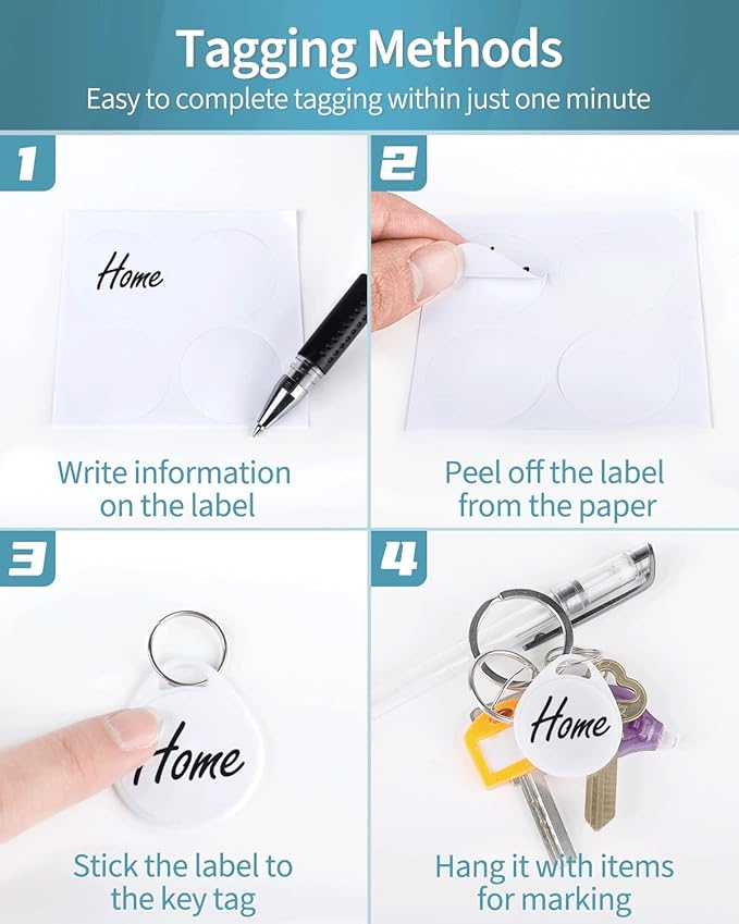Uniclife 1.5 Inch Tough Plastic Key Tags Sturdy Round White Item Identifiers with Blank Paper Label Stickers and Split Rings, 100 Pack