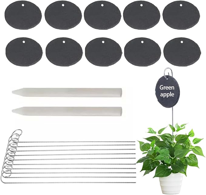 Slate Plant Labels Garden Markers Signs Labels with Stainless Steel Stake & Marker Pen Waterproof Slate Plant Labels for Flowers, Herbs, Potted Plants, Seed (Round, 10PCS)
