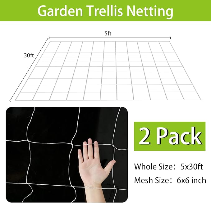 Trellis Netting, 2 Pack 5x30 Ft Garden Trellis Netting, Heavy Duty Square Mesh Outdoor Grow Vining Net for Climbing Plants, Tomatoes Peas Cucumber and Flower Plant with 50pcs Garden Ties