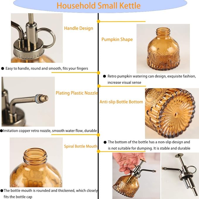 Plant Mister Glass Spray Bottle Small Plant Watering Can 6.4" Tall Retro Indoor Watering Can Bronze Plastic Top Pump for Garden Indoor Plant Sprayer (Brown)