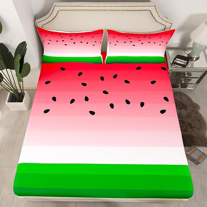 Feelyou Kids Bed Sheets Watermelon Bedding Set King Size Tropical Fruit Print Bed Sheet Set for Kids Girls Women Fresh Pineapple Stripe Sheets Set Breathable Super Soft Red Green Room Decor