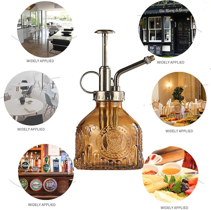 Plant Mister Glass Spray Bottle Small Plant Watering Can 6.4" Tall Retro Indoor Watering Can Bronze Plastic Top Pump for Garden Indoor Plant Sprayer (Brown)