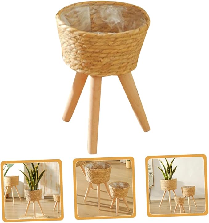 Rattan Planter with Legs Wicker Basket Plant Stand Indoor Outdoor Flower Pot Holder for Balcony Home Decor 9.05X7.08X7.08 Inches