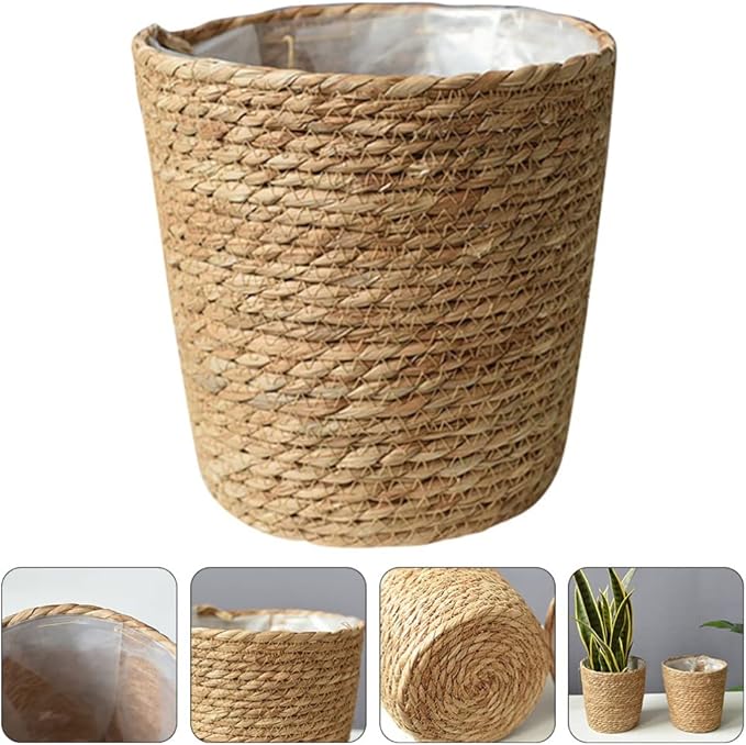 Beavorty Vintage Decor Seagrass Planter Hand Woven Straw Flower Pot Farmhouse Plant Basket with Plastic Liners Rustic Plant Containers Succulent Pot for Indoor Outdoor Room Decor Home Decor