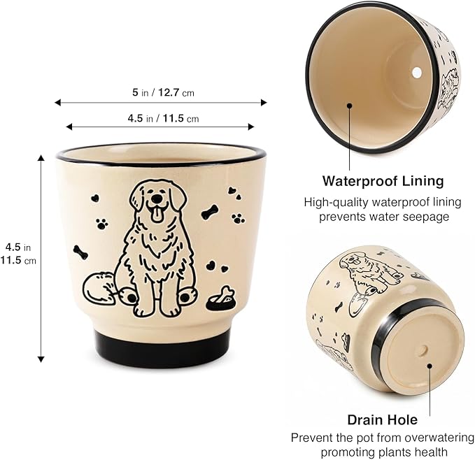 STHIE 5 Inch Ceramic Planters for Indoor Plants, Round Plant Pots with Drainage, Decorative Cute Flower Pot, Cactus Snake Planter for Windowsill (Sweet Dog)