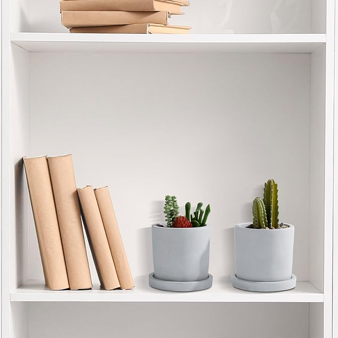 MyGift Set of 2 Mini 4-Inch Gray Cement Succulent Planters – Modern Unglazed Concrete Plant Pots with Removable Saucers