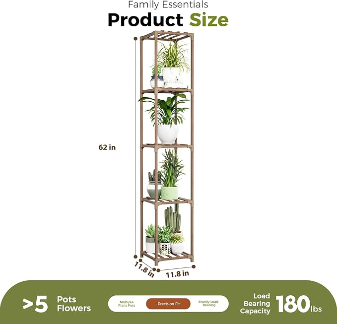Bamworld Plant Stand Indoor Outdoor 5 Tier Tall Large Wood Plant Shelf Multi Tier Flower Stands Garden Shelves Wooden Plant Display Holder Rack for Living Room Corner