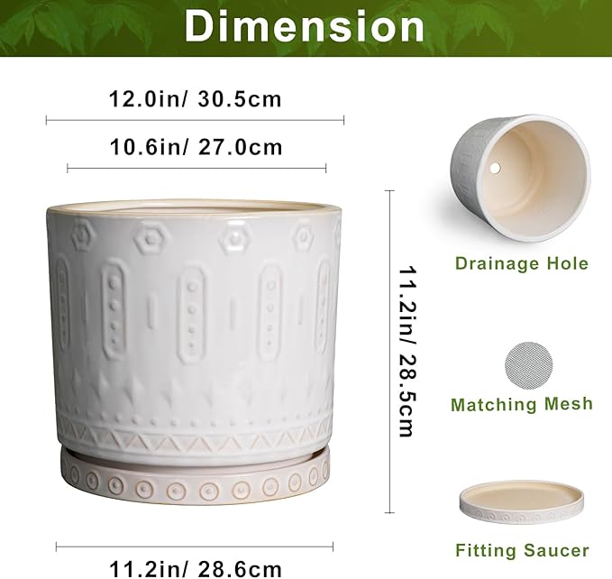 Eightpot Ceramic Pots for Plants 12 Inch - Large Ceramic Planters for Indoor Plants Outdoor Modern Flower Pot with Drainage Holes and Saucer for Office Garden Patio White