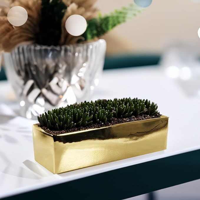 WGVI Long Rectangle Ceramic Planter Vase in Gold 12" x 4" x 4"H, Block Rectangular Terrarium Box Pot, Flower Arrangement, Table top Centerpiece, Home Decor Organization Storage Container, 1 Pc.