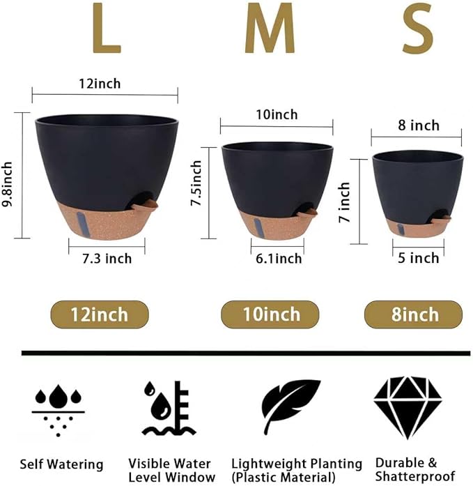 HEJIYUE Large Plant Pot, Self Watering Pots for Indoor Plants, 8/10/12 Inch Plastic Planters with Water Level Indicator, Drainage Holes & Deep Reservoir, Modern Decorative Flower Pot (Black)