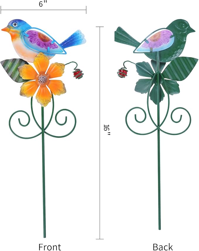 Topadorn Floral Garden Stake Outdoor Plant Pick Water Proof Metal Flower Stick for Lawn Yard Patio,Pathway Ornament,Set of 2,Flower and Bird