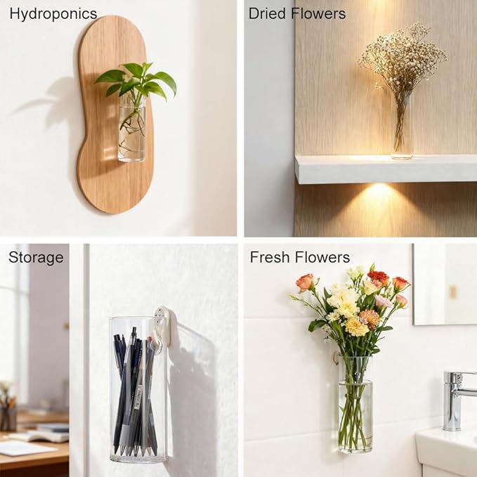 Wall Planters for Indoor Plants, 2 Pack Glass Wall Planters for Propagation, Hanging Terrarium Planters with Hooks for Hydroponic Plants, Flowers, Home Office Bathroom Decor