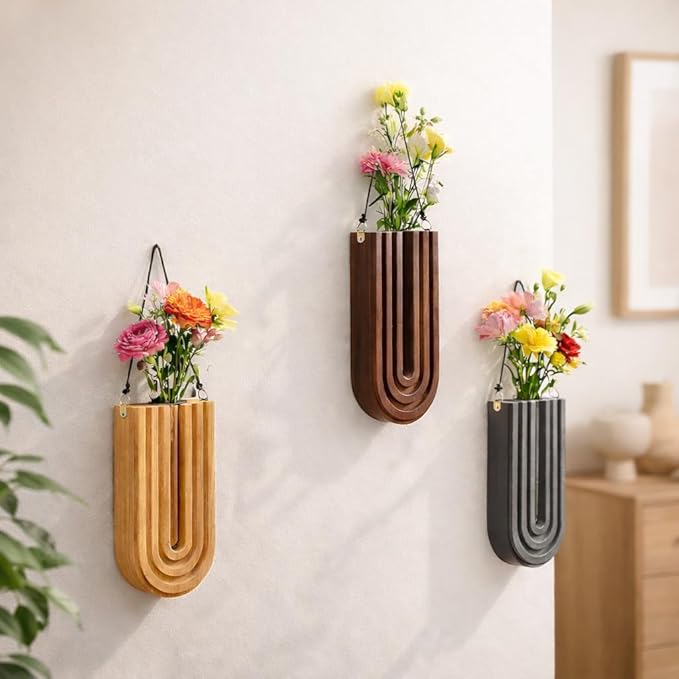Wall Mounted Wooden Propagation Station Set of 3 - Boho Hanging Indoor Wall Planter Vases for Plants & Flowers, Handmade Rainbow Decor for Living Room, Entryway, or Home Gallery Display