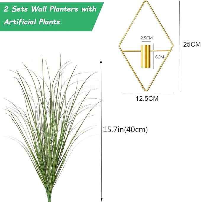 Hanging Planters with Artificial Plants, 2pcs Diamond Shape Metal Hanging Vase with Artificial Shrubs Wheat Grass Greenery Indoor Plants Holder Wall Decor for Home Living Room Bedroom Office (Gold)