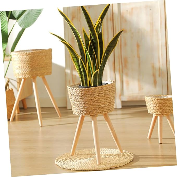 Wood Woven Plant Pot Stand with Legs Durable Minimalist Flower Basket for Indoor and Outdoor Use for Home Decor and Garden Display