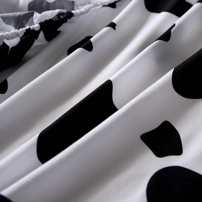 Kids Cute Cow Bed Sheet Set with 1 Pillowcase 1 Fitted Sheet 1 Flat Sheet Twin Size Children Cartoon Milk Cow Animal Bedding Set for Boys Girls Bedroom Decor Lovely Black White Bed Cover Microfiber