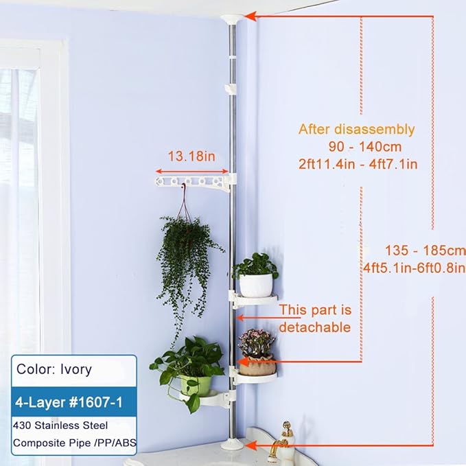 BAOYOUNI Indoor Plant Pole Stand Tension Rod Hanger Window Sill Flower Display Rack Holder Adjustable Corner Vertical Storage Organizer with 3 Trays & 1 Arm for Counter Top, Ivory