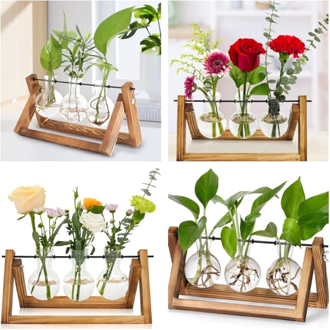 KUPOO Retro Plant Terrarium with Wooden Stand - 3-Bulb Glass Air Planter Vase with Metal Swivel Holder for Hydroponics Home and Office Garden Decor (3 Buld Vase)