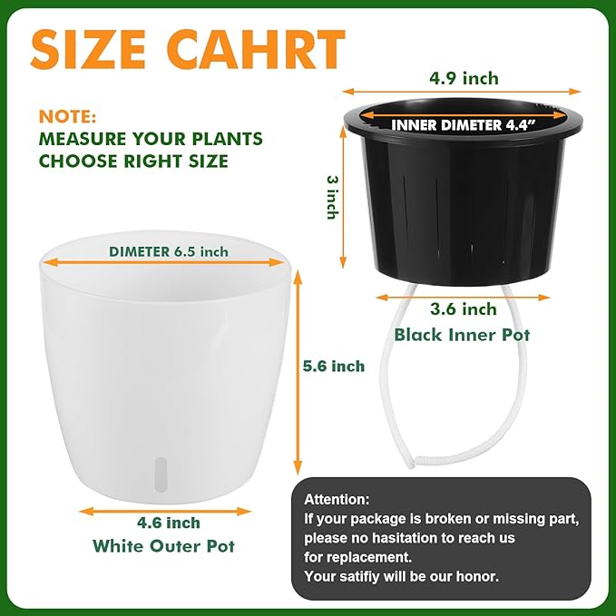 Planterhoma 5/6.7 Inch Self Watering Pots for Indoor Plants, 8 Packs African Violet Pots with Indicator, Black Wick Pot with Drainage Holes, Self Watering Planters for Orchid, Devil's Ivy, White