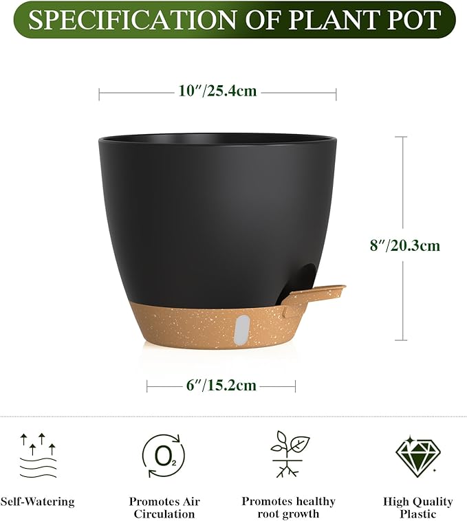 Self Watering Pots with Drainage Holes, 2 Pack 10 Inch Plant Pots with Water Level Indicator Deep Reservoir, Large Plastic Planter for Indoor Outdoor Plants - Black Brown