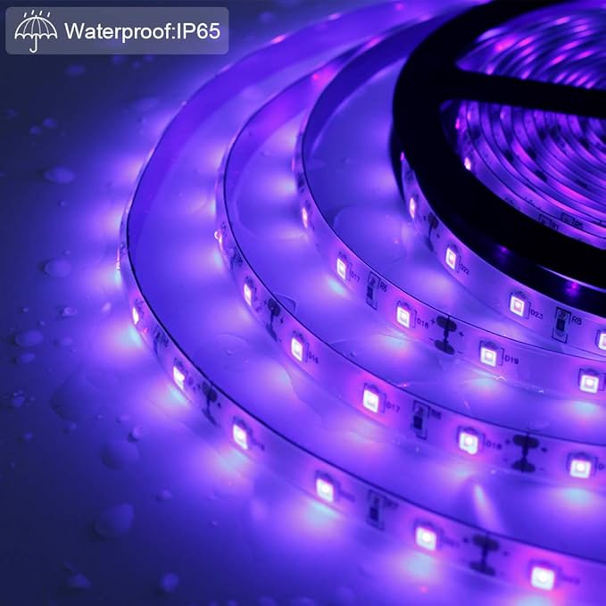 LED UV Black Light Strip Kit, 16.4FT/5M Ultraviolet Waterproof IP65 3528 300LEDs, 395nm-405nm Blacklight for DJ Bar Club Party Decor Night Fishing with 12V Power Supply