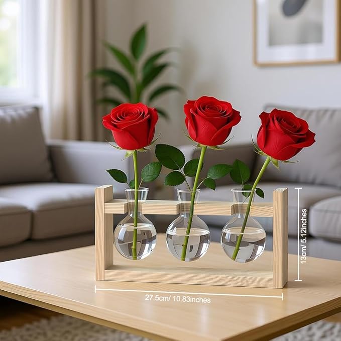 Plant Terrarium Desktop Glass Planter Hydroponics Vase,Plant Bulb Vase with Wooden Stand for Home Office Decoration