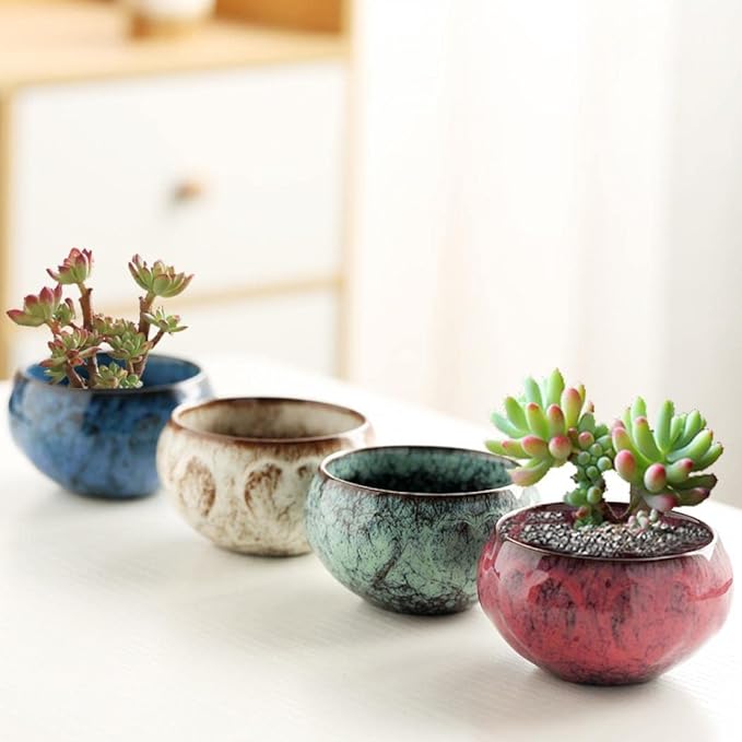 YYW Ceramic Plants Pots 3 Inch Set of 4 Flower Pots with Drainage and Bamboo Tray for Indoor/Outdoor Small House Plants,Foliage Plant (Set 1)