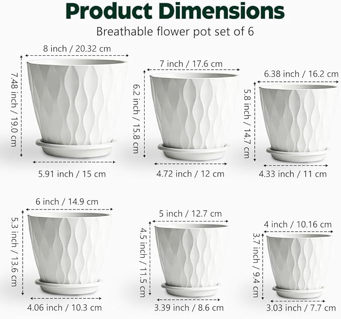 Plant Pots, Self Watering Planters with Drainage Holes and Trays, Flower Pots for Indoor Outdoor - 6 Pack(4/5/6/6.5/7/8 Inch) (White)