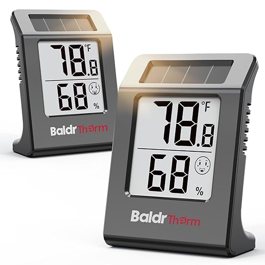 BALDR 2-Pack Digital Hygrometer Thermometer, Solar Power with Battery Backup Temperature and Humidity Monitor, Mini Room Thermometer with Comfort Indicator (Black)